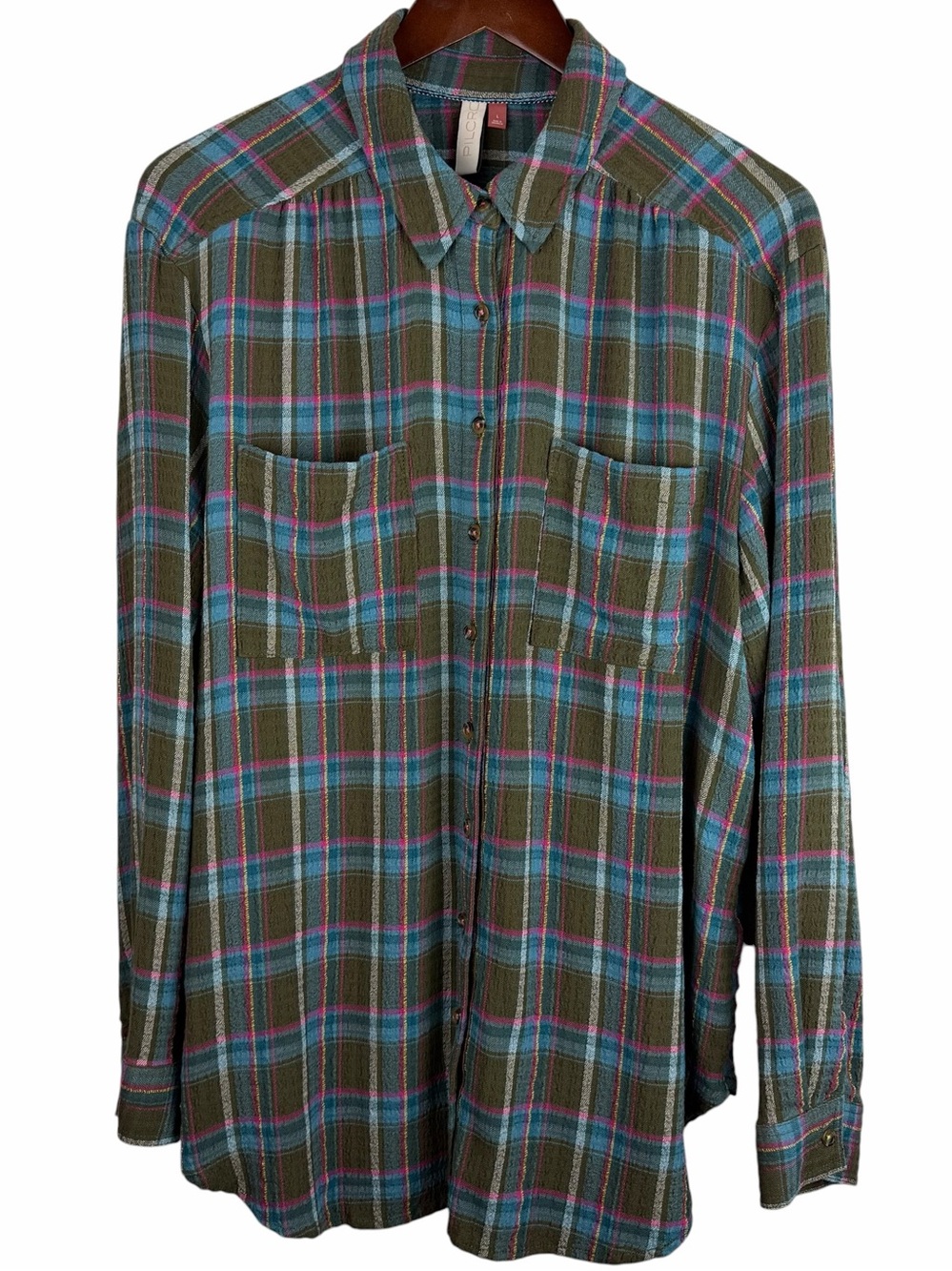 Pilcro | Green Blue Pink Plaid The Romy Tunic Button-Up Shirt